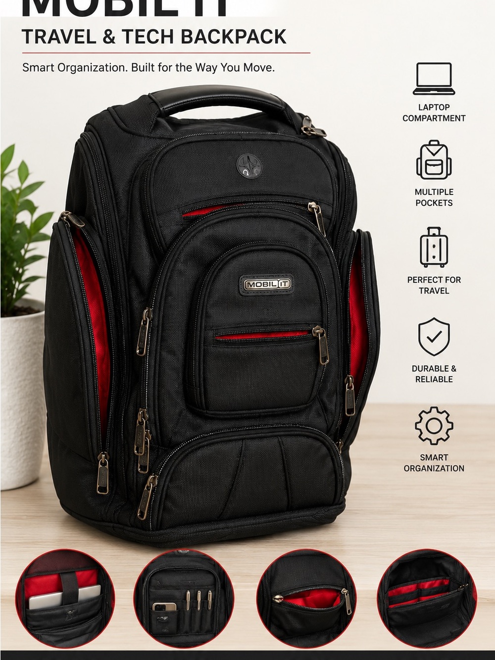 Black Travel & Tech Backpack for Men